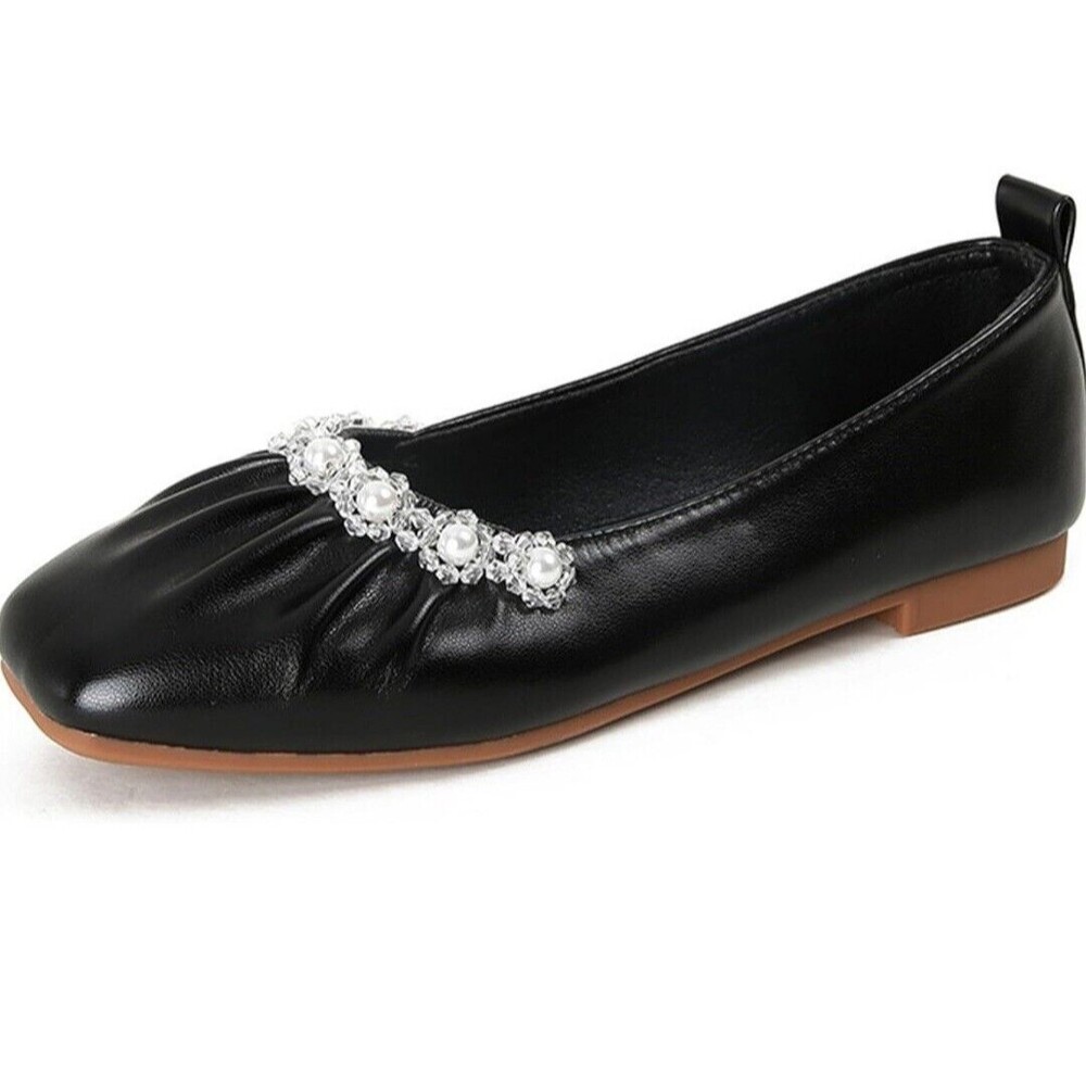 Women's Pearl Square Toe Mary Jane Shoes Comfortable Slip On Ballet Flats.